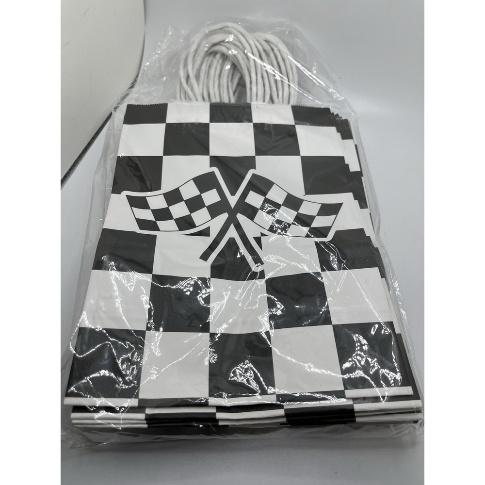 16Pcs Checkered with Flags Race Car Party Favor Bags, Black and White 8x6x3 in.